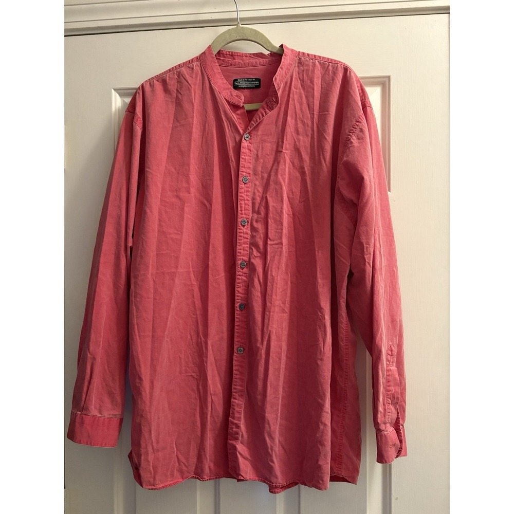 J Peterman Button Up Shirt Washed Red Salmon Best For Large Band Collar 24" PTP